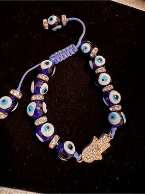Greek Evil Eye Bead Bracelet with Hamsa Accent - Blue